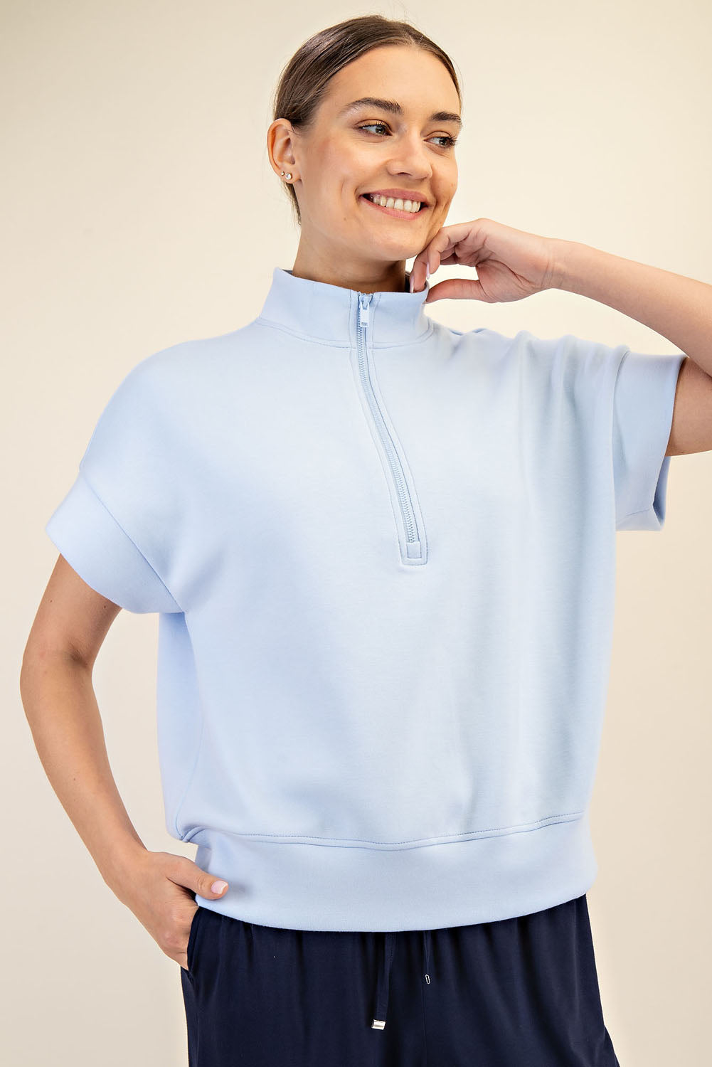 Curvy Scuba Quarter Zip Short Sleeve Top-Frost
