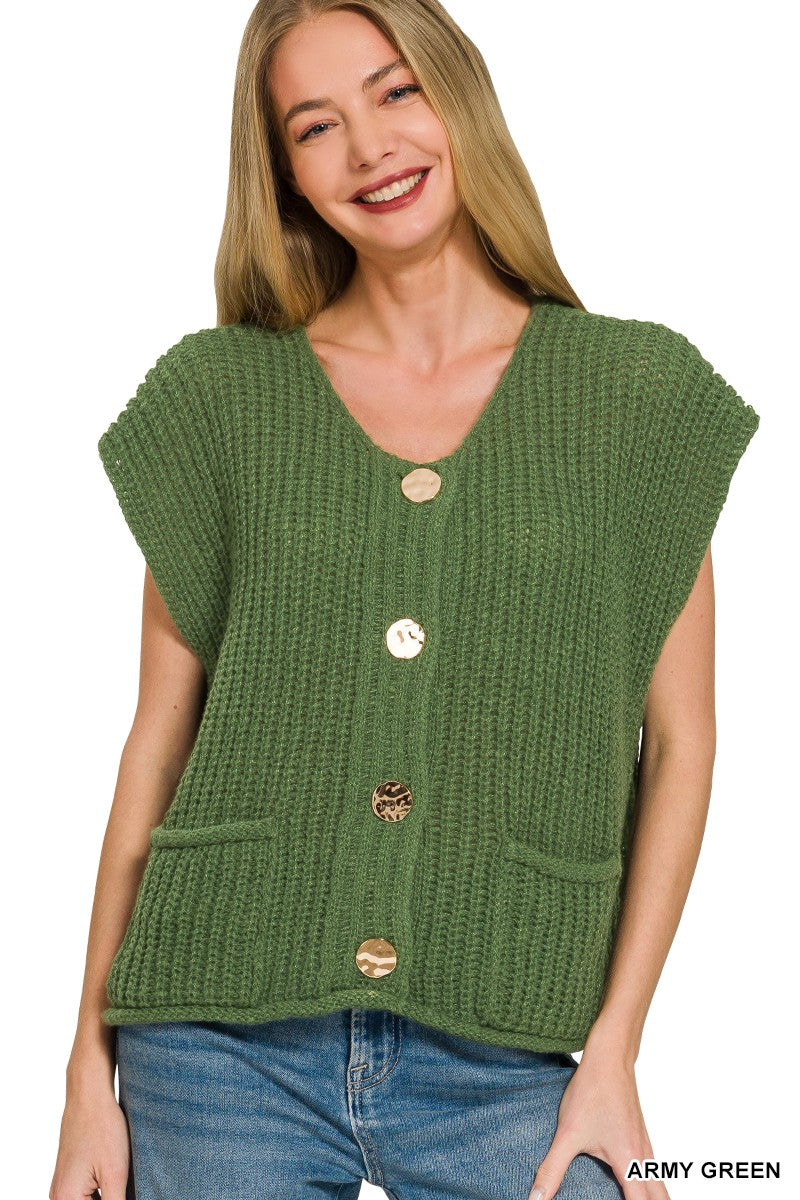 Gold Button Sweater Vest in Army Green
