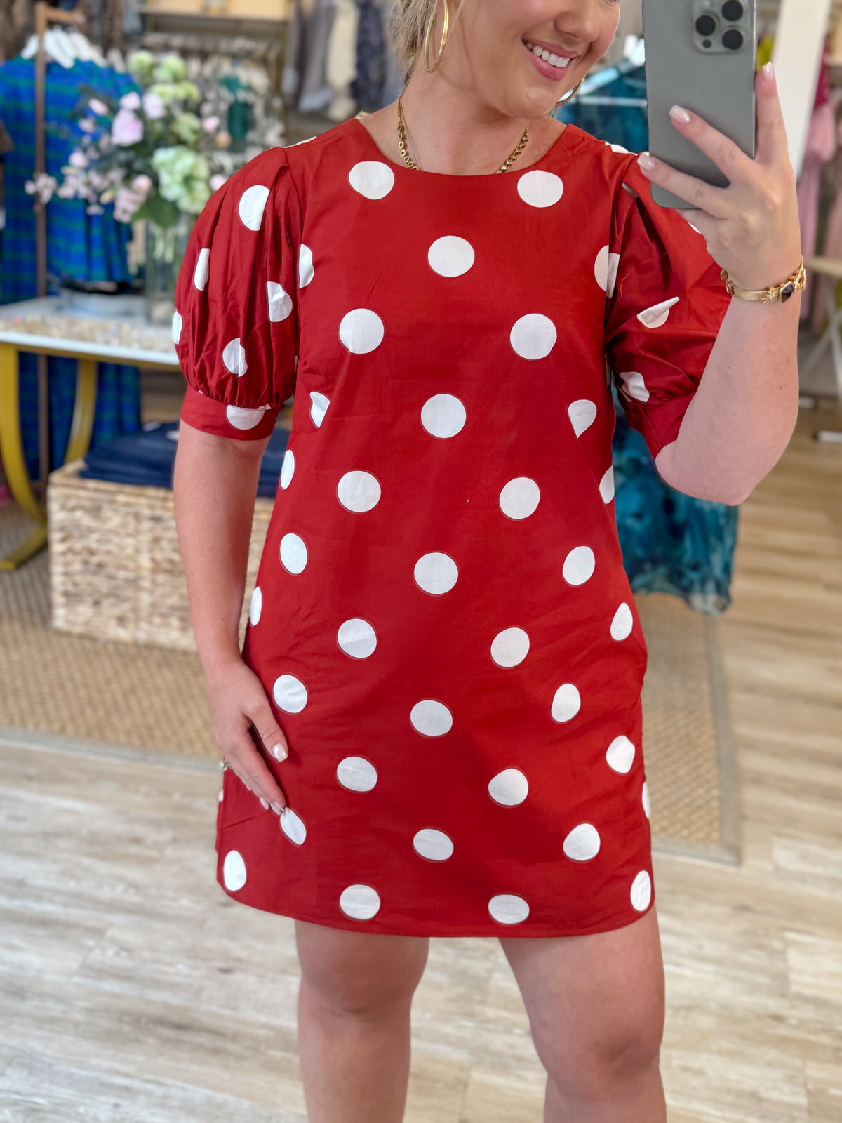 Puff Sleeve Polka Dot Mini Dress-Crimson/Off White