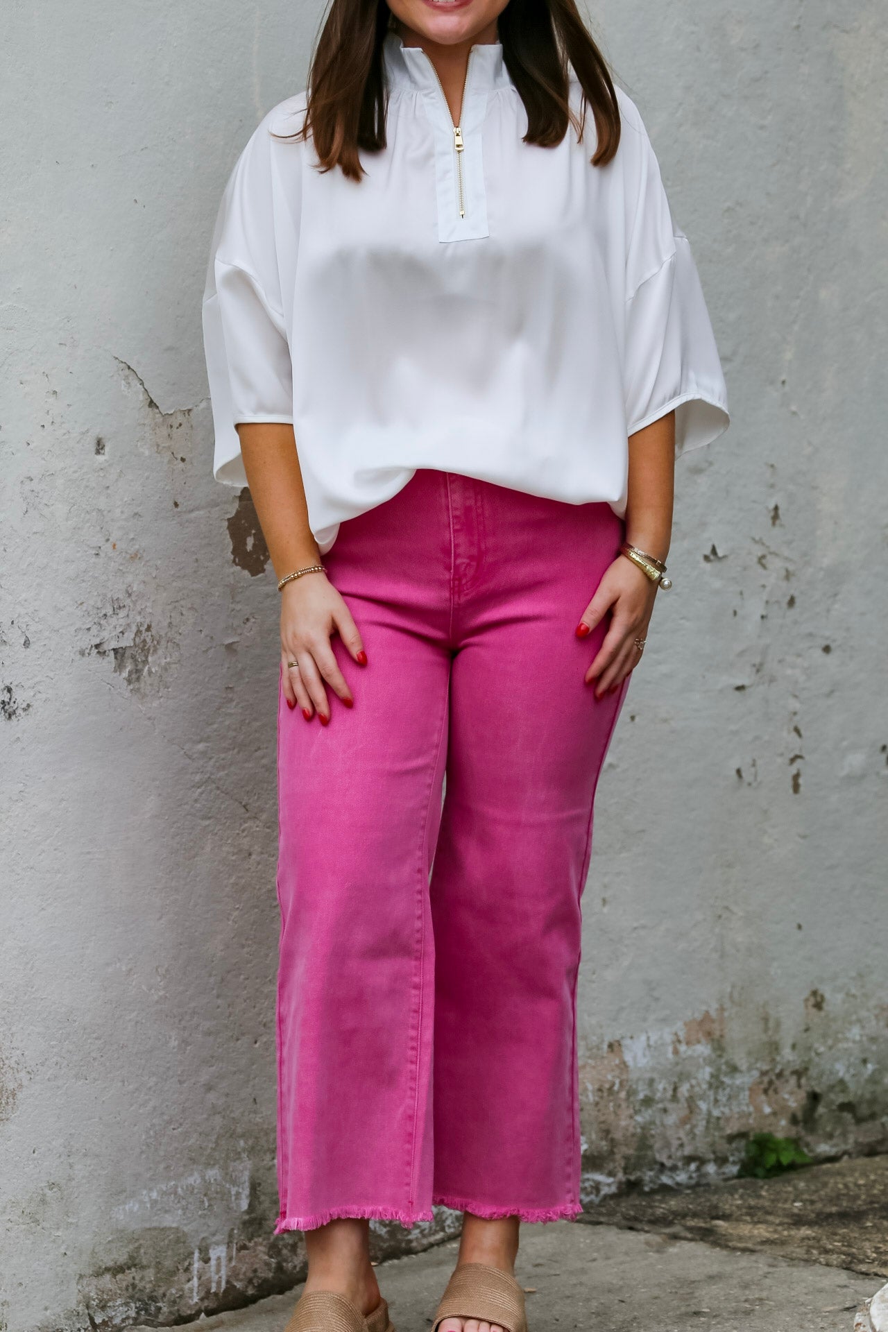 Acid Washed High Waist Frayed Straight Pants- Hot Pink