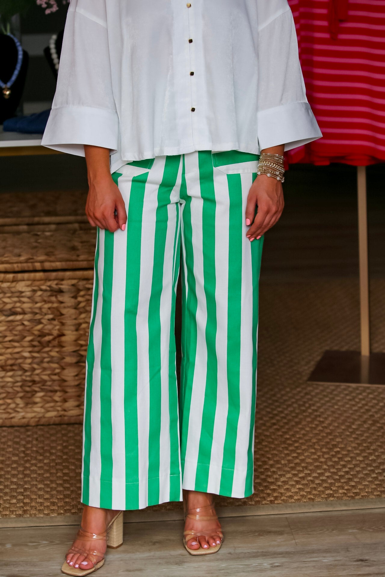 Wide-Leg Stripe Pants in White/Kelly Green