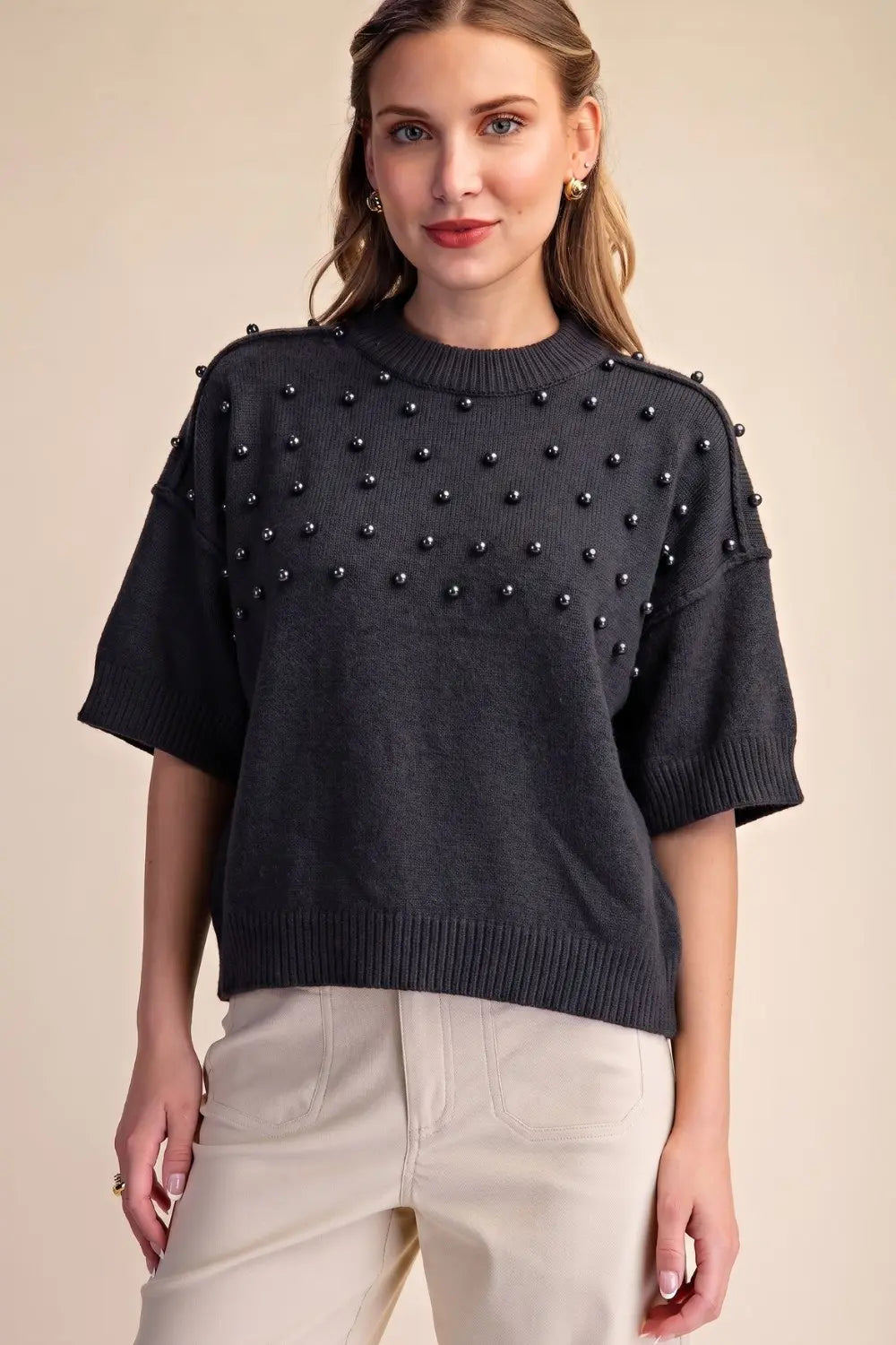 Crew Neck with Pearls Sweater in Charcoal