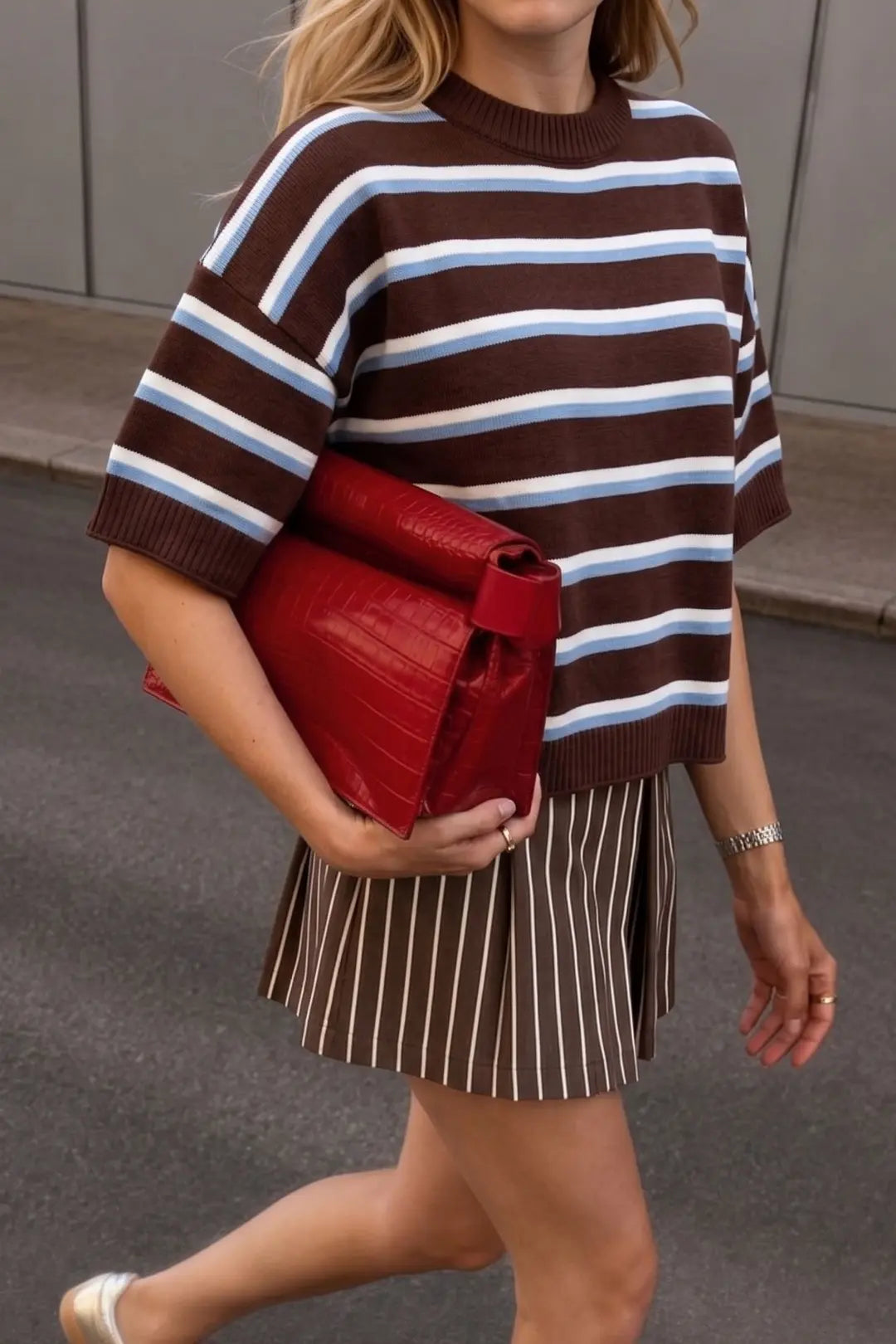 Crew Neck Stripe Sweater in Brown