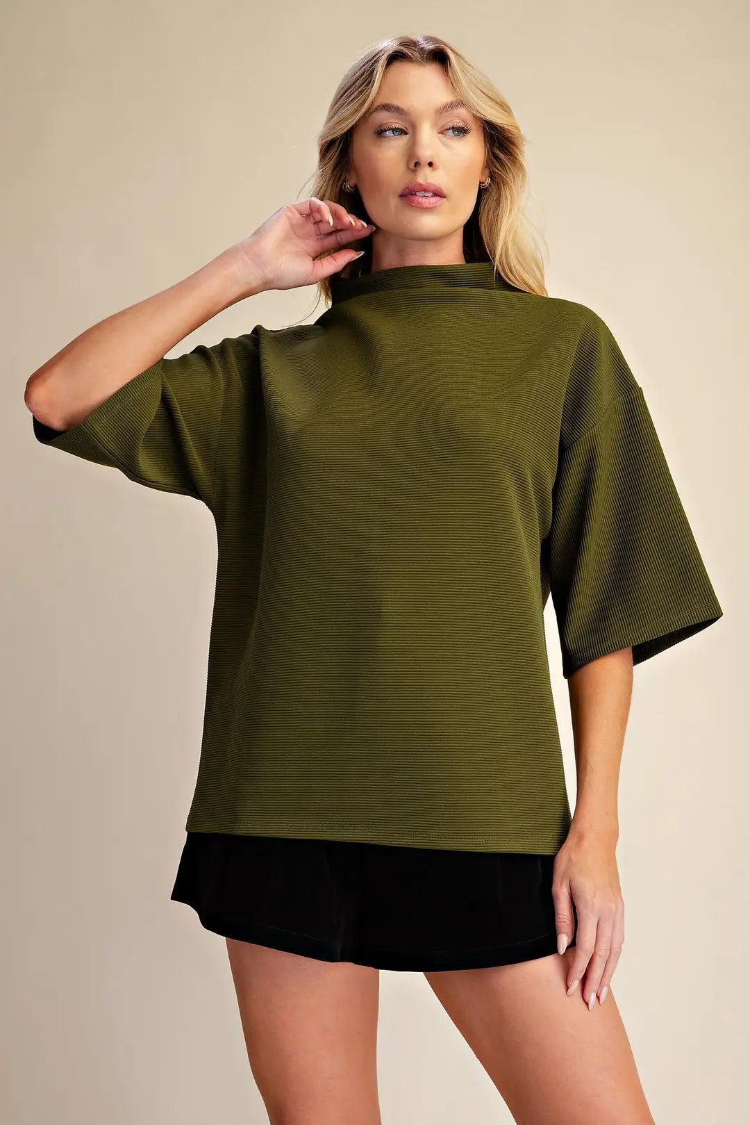 Mock Turtleneck Short Sleeve Top in Olive