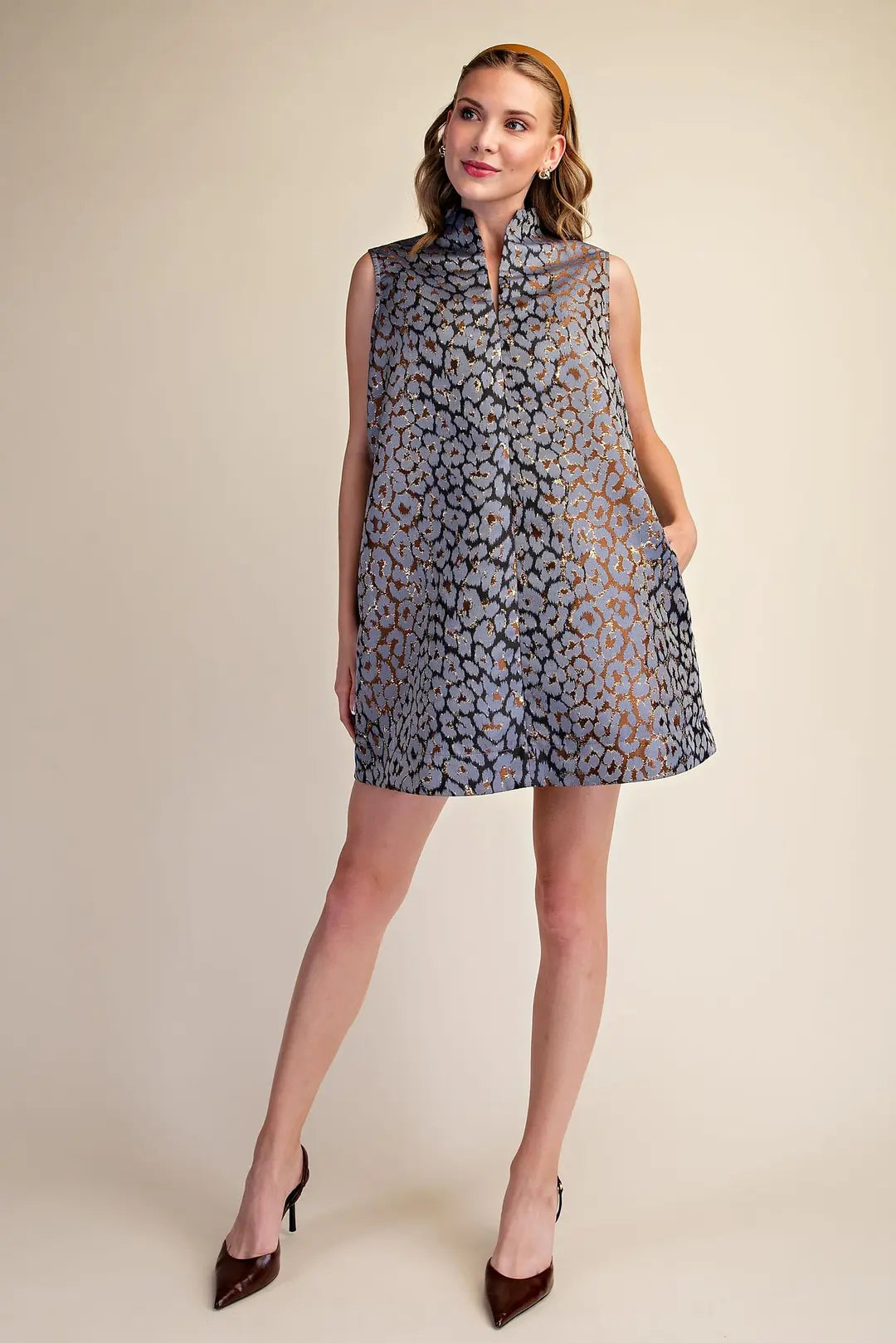 Stand Collar Animal Jacquard Mini Dress in Blue