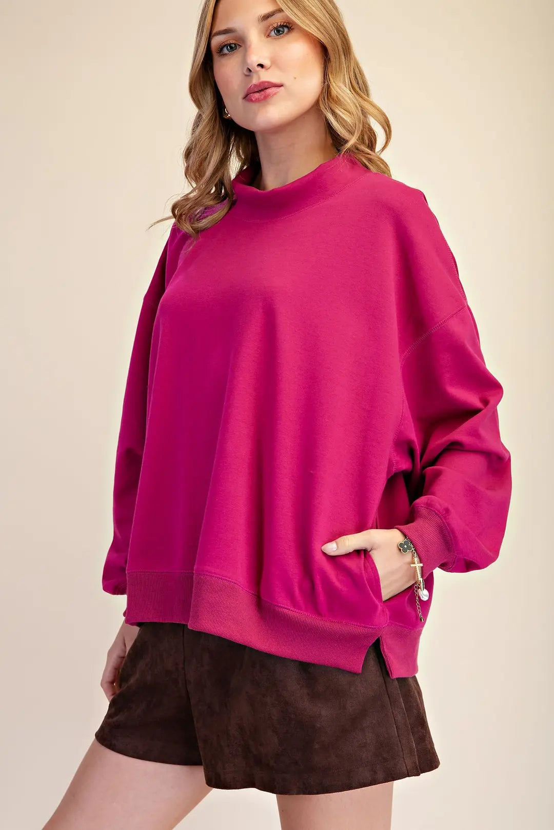 Mock Neck Oversized Pullover Sweatshirt in Plum