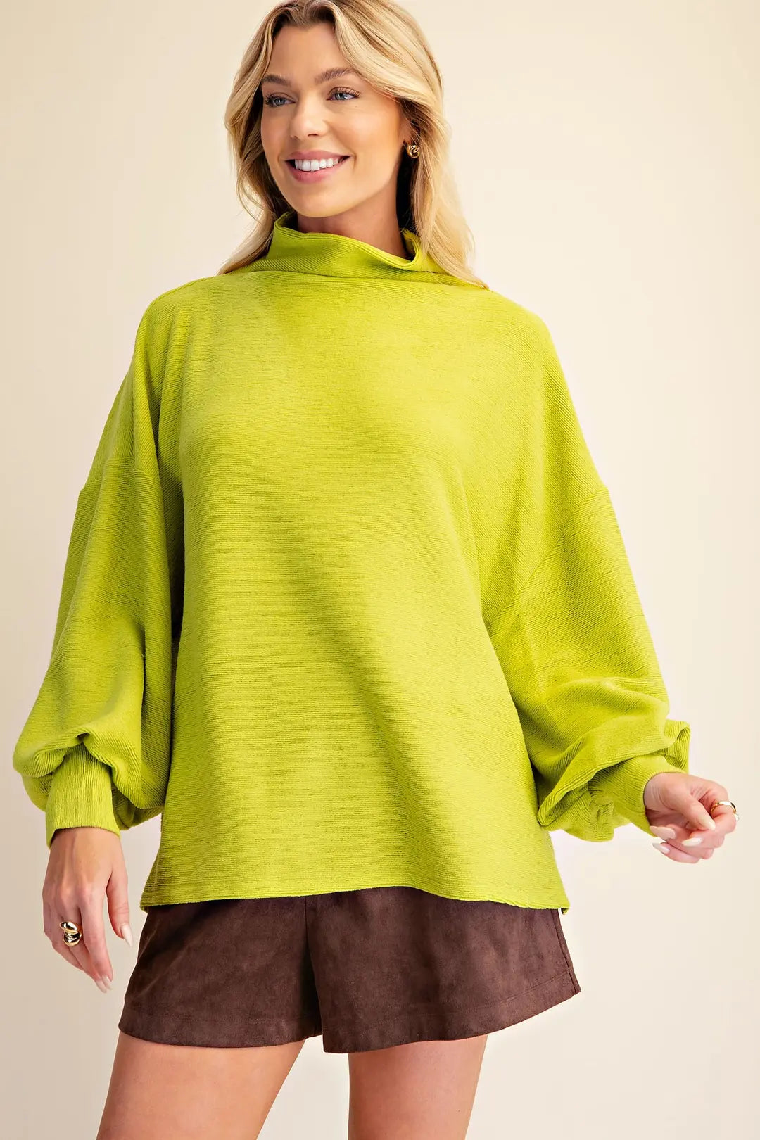 Mock Neck Balloon Sleeve Knit Top in Lime Green