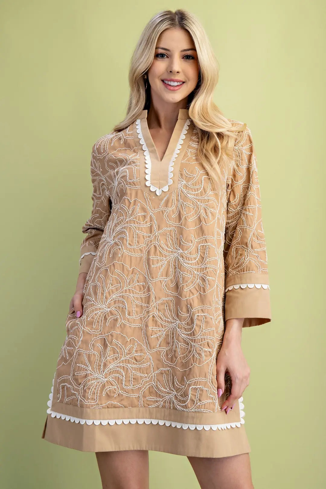 Embroidered Detail Dress in Tan