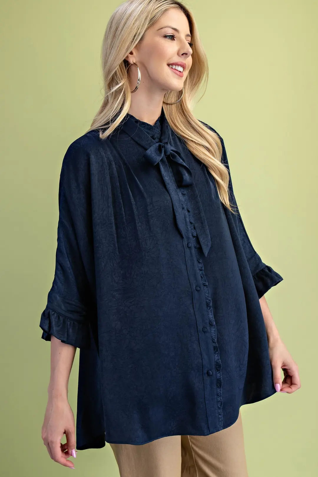 Satin Pintuck Button Down Blouse-Navy
