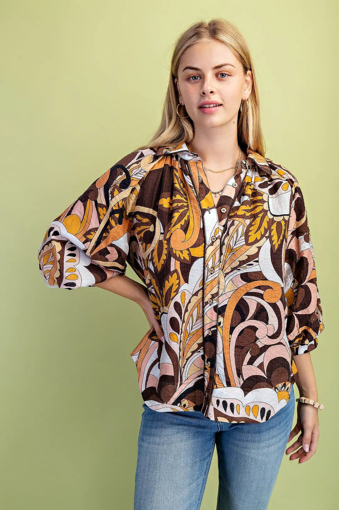 Abstract Button Up Top- Brown Mix