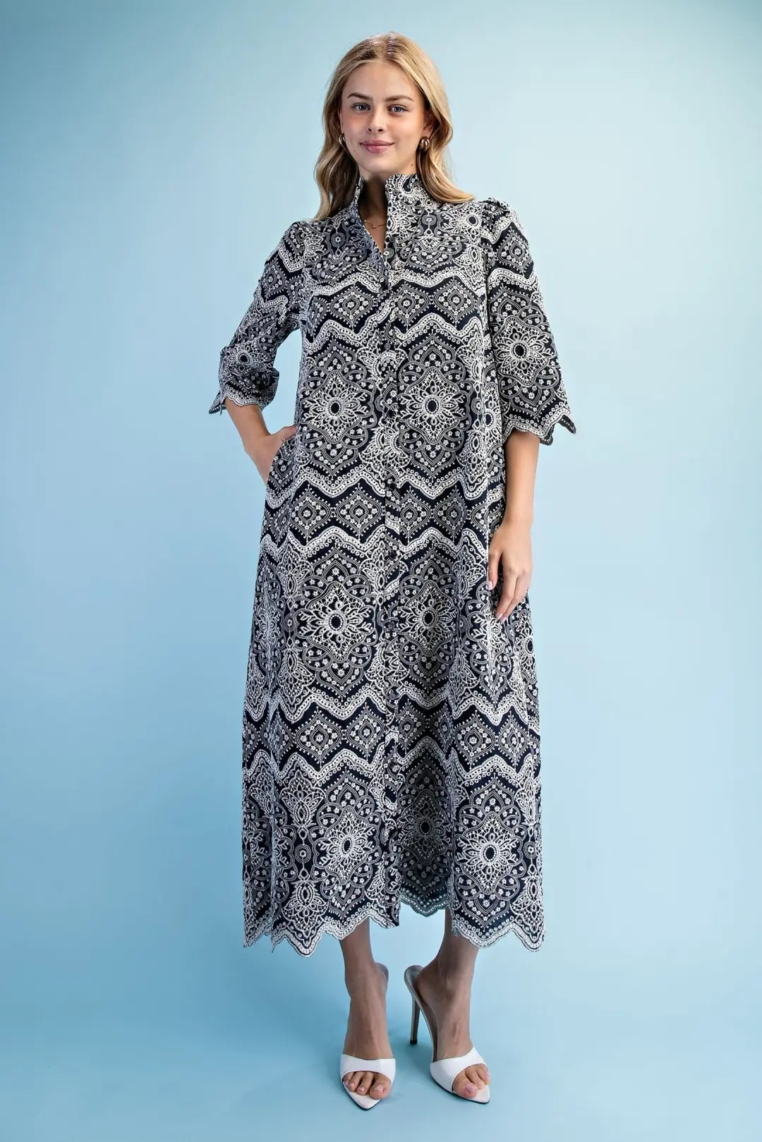 Eyelet Button Down Midi Dress- Navy