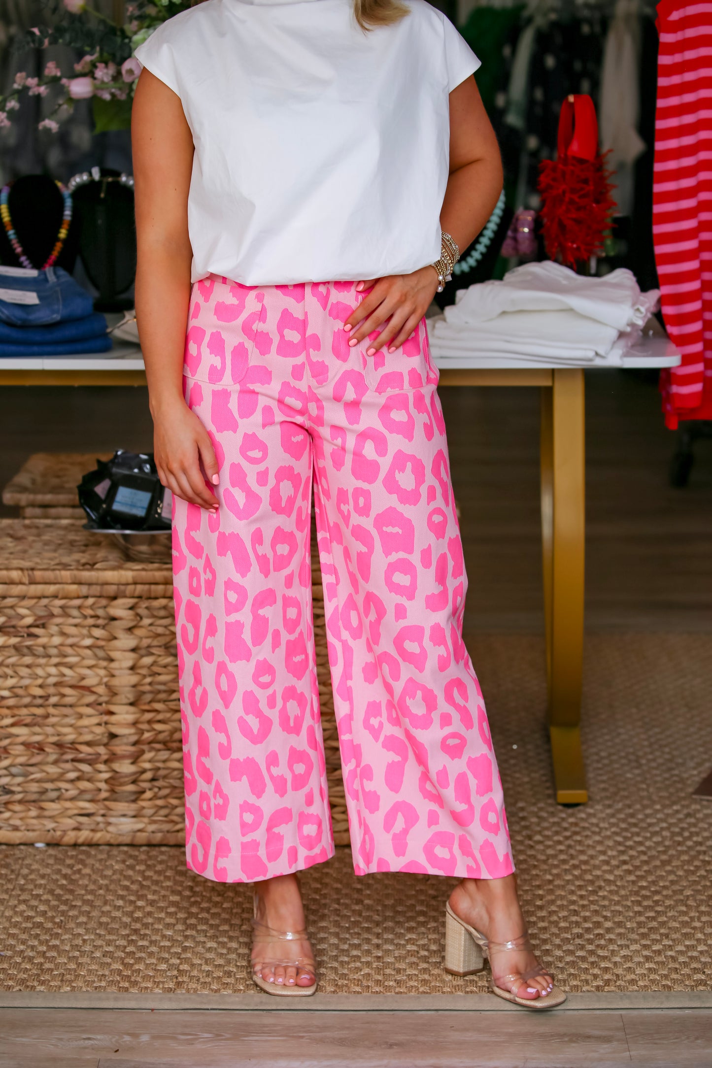 Leopard Pants Colette Cropped Wide-Leg in Pink