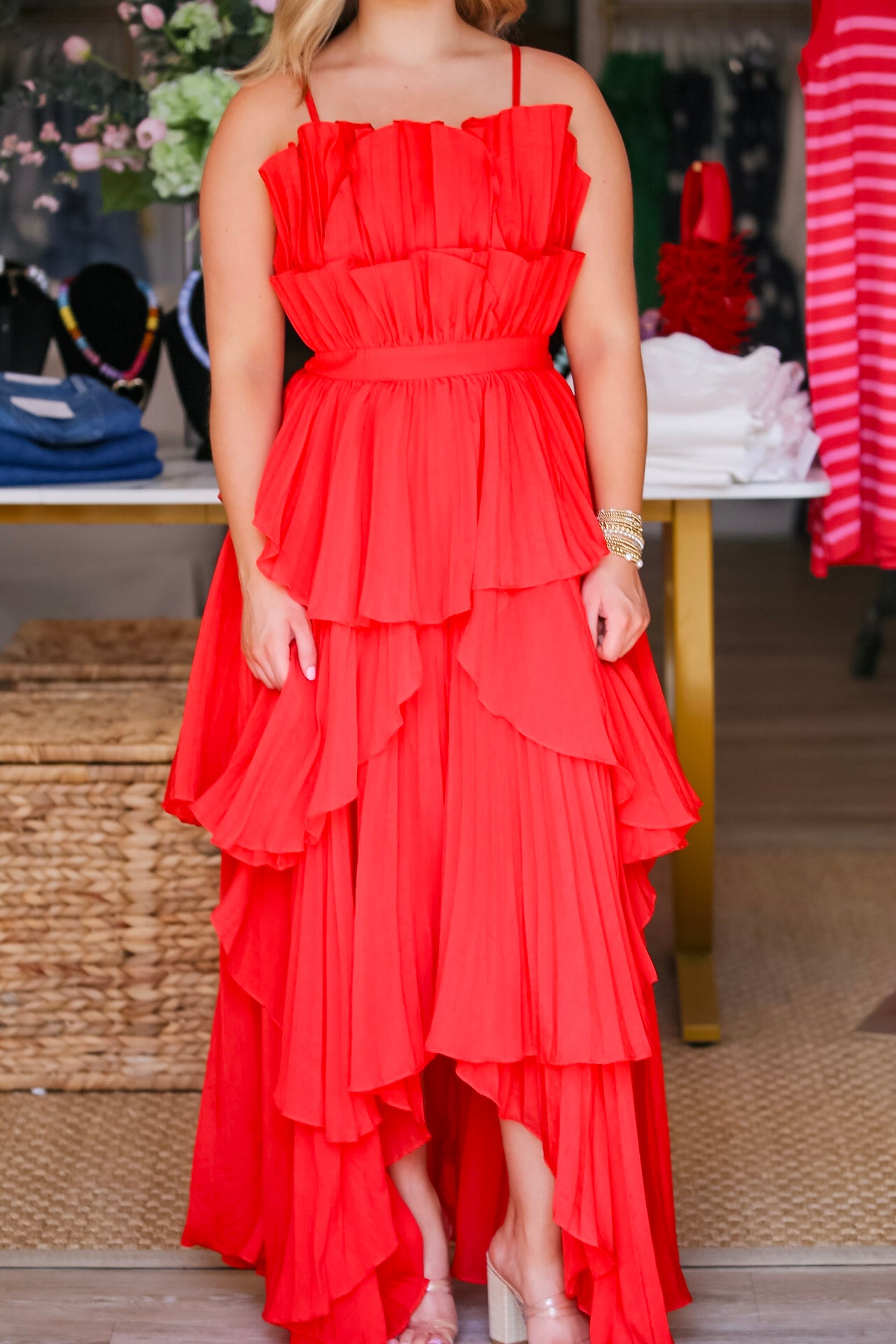 Pleated Layered Ruffle Dress- Red