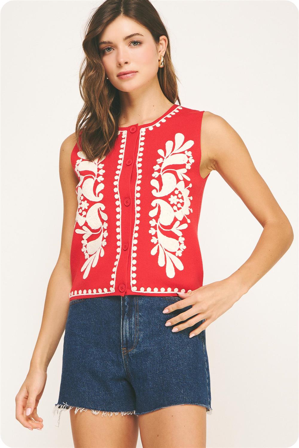 Embroidered Sleeveless Knit Vest