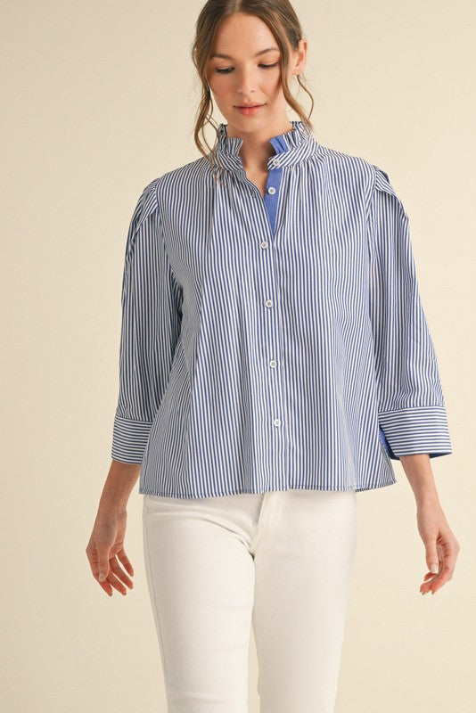 Curvy Striped 3/4 Sleeves Button-up Top