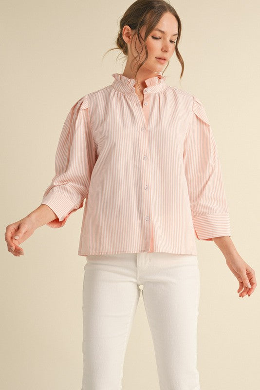 Striped 3/4 Sleeves Button-up Top
