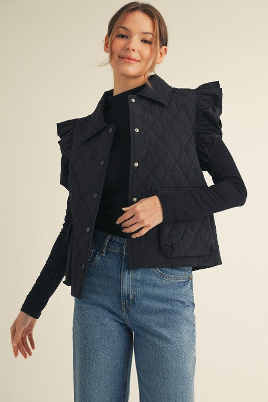 Bow Embroidered Quilted Vest-Black