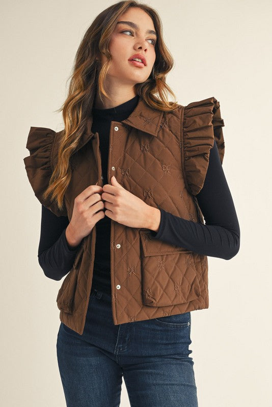 Bow Embroidered Quilted Vest-Brown