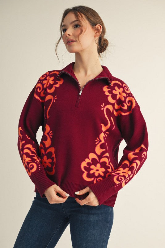 Floral Pattern Zip Up Sweater- Burgundy