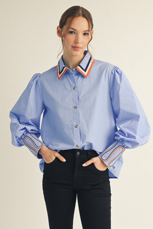 Embroidery Button Down Shirt-Blue
