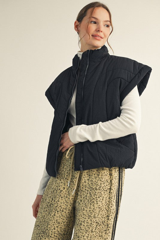 Front Zip Up Puffer Vest- Black
