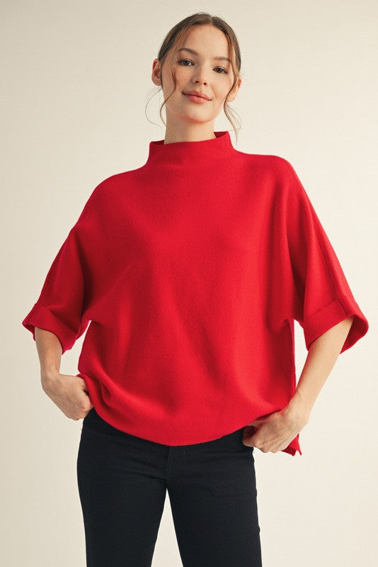 Mock Neck Soft Sweater Top-Red