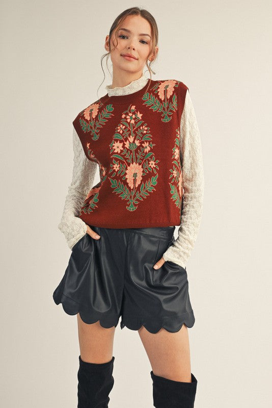 Lovely Floral Sweater Vest-Brown