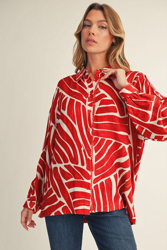 Abstract Print Oversized Shirt-Red