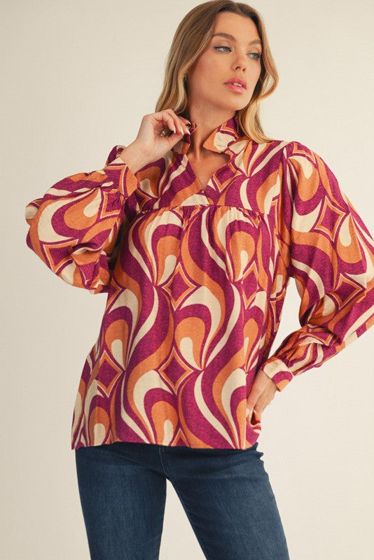 Ruffled Neckline Geometrical Print Top-Magenta