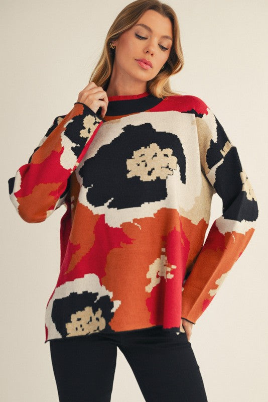 Big Floral Sweater Top- Black Mix