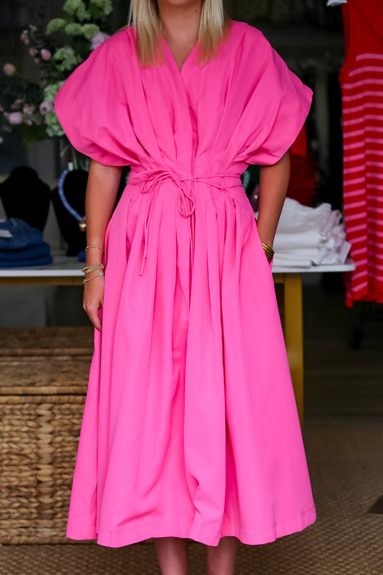 Pleated Waist Tie Flare Midi Dress in Pink
