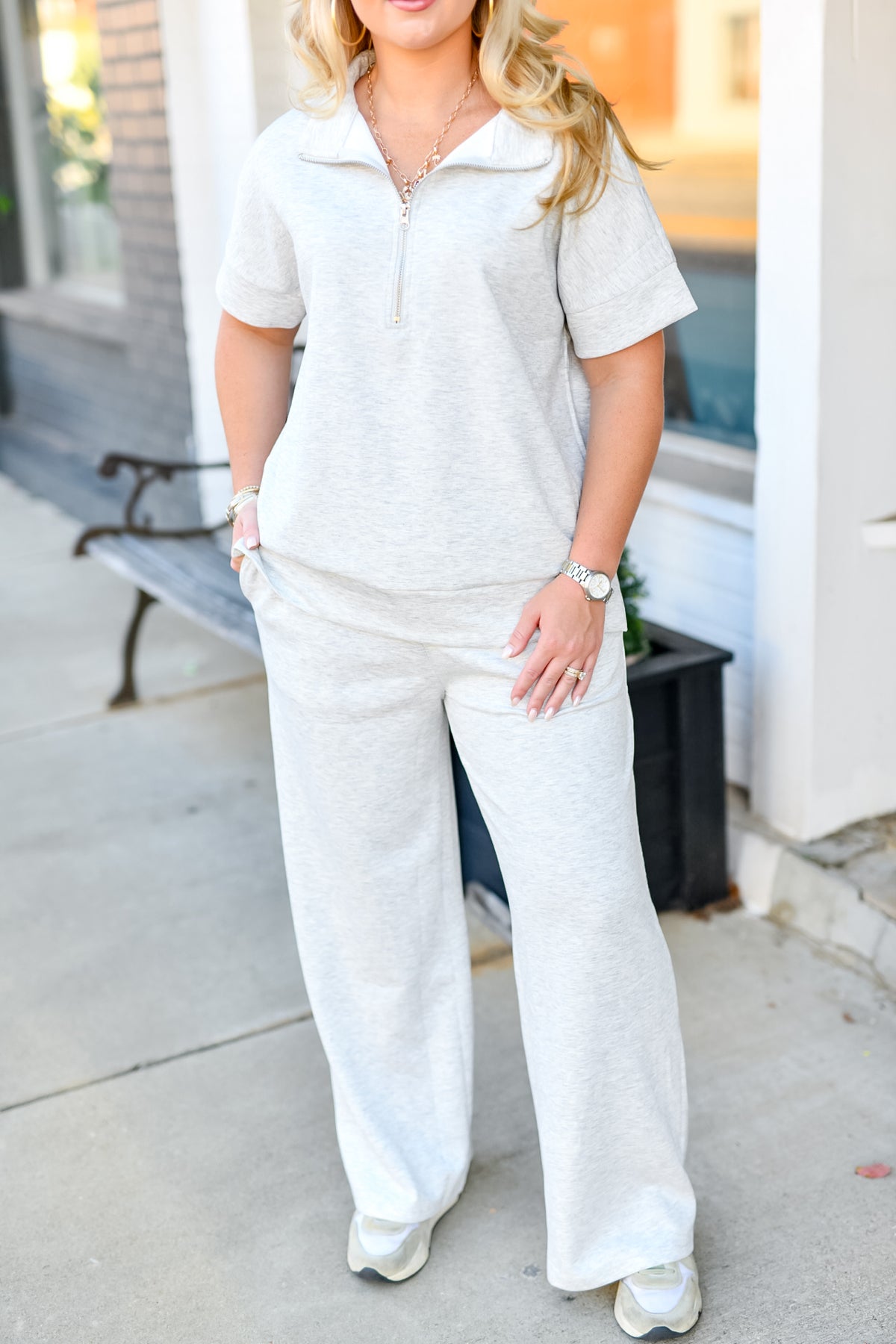 Scuba High Neck Half Zip Top & Pants Set in Heather Grey