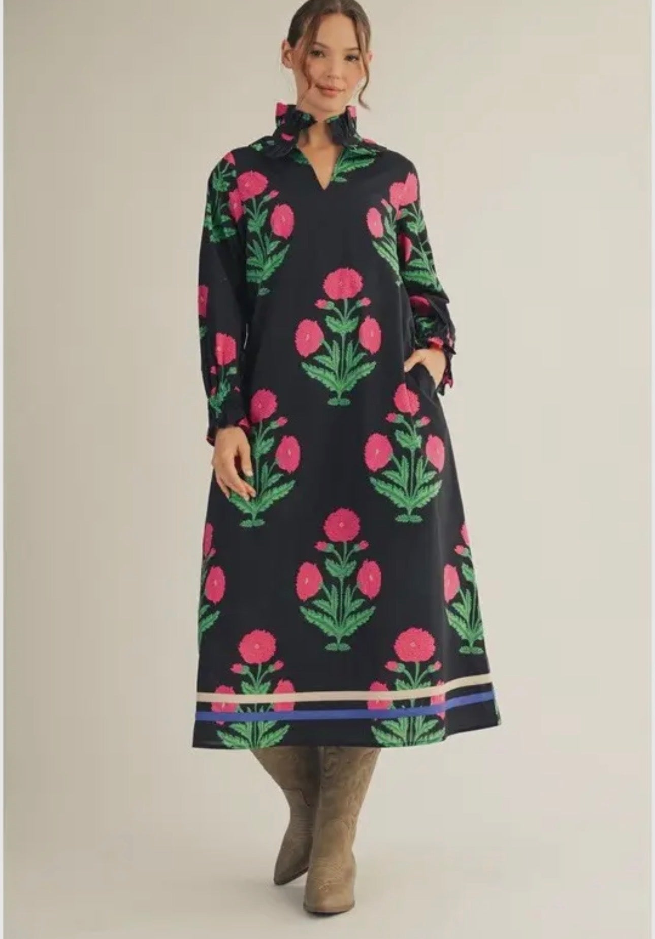 Ruffle Neckline Floral Midi Dress-Black