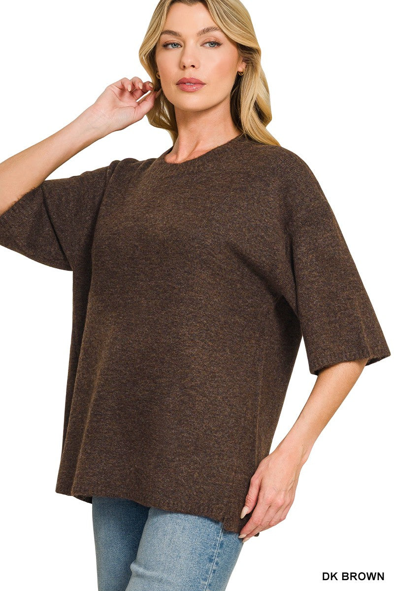 Short Sleeve Oversized Sweater in Dark Brown