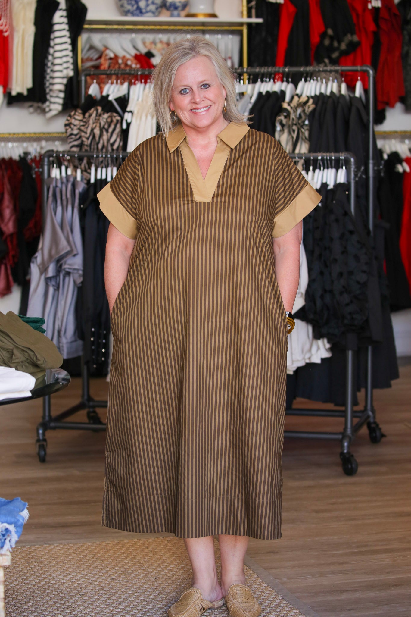 The Preston Stripe Dress in Dark Brown