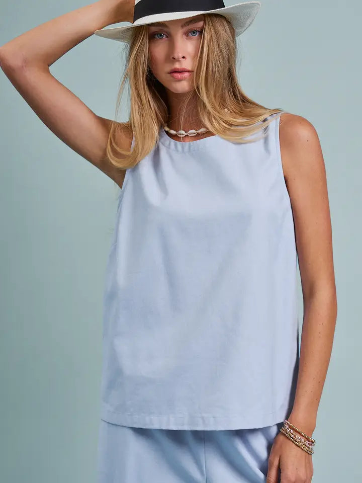 Minimalist Keyhole Back Linen Sleeveless Top-Light Blue