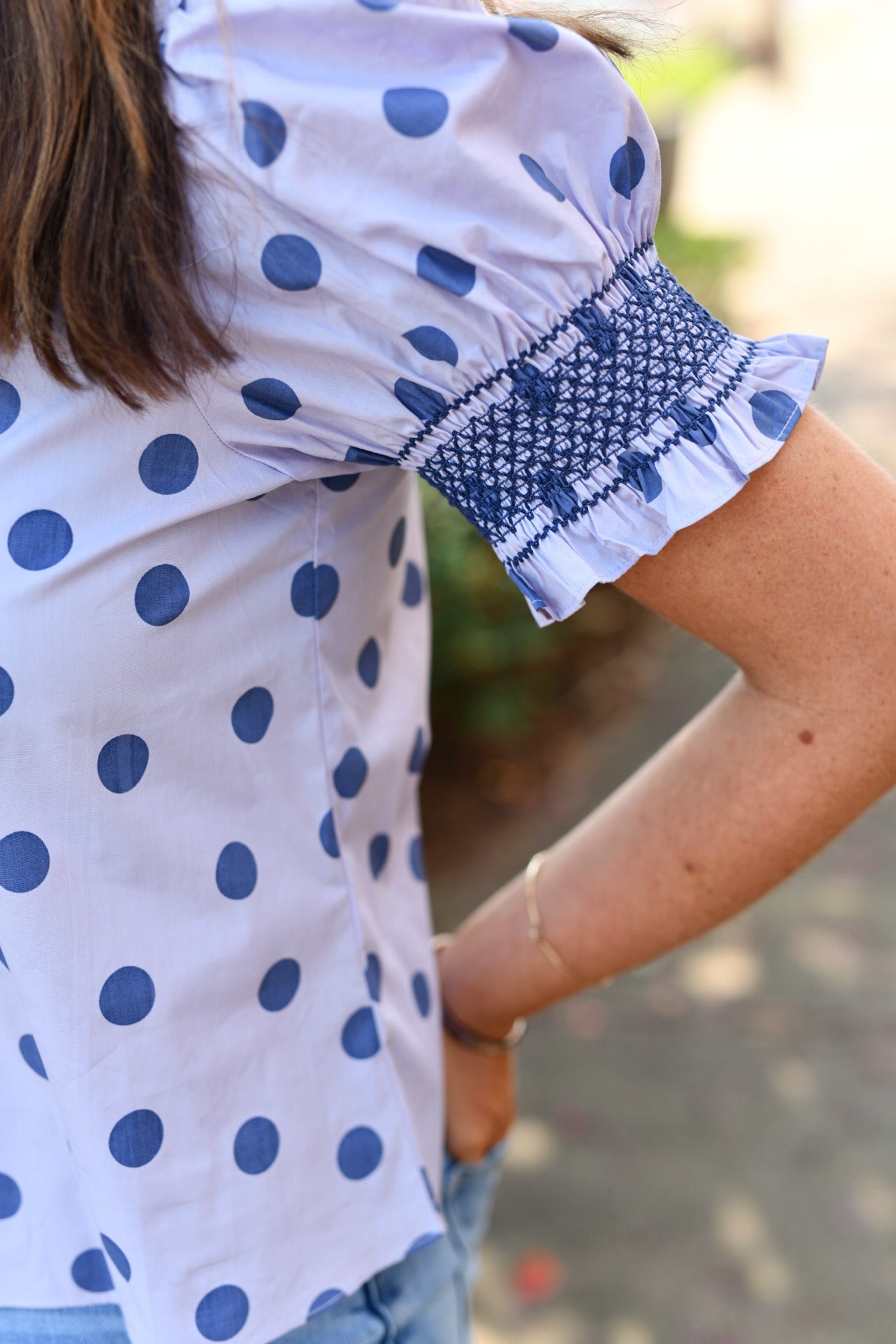 Polka Dot Puff Sleeve Blouse in Lavender
