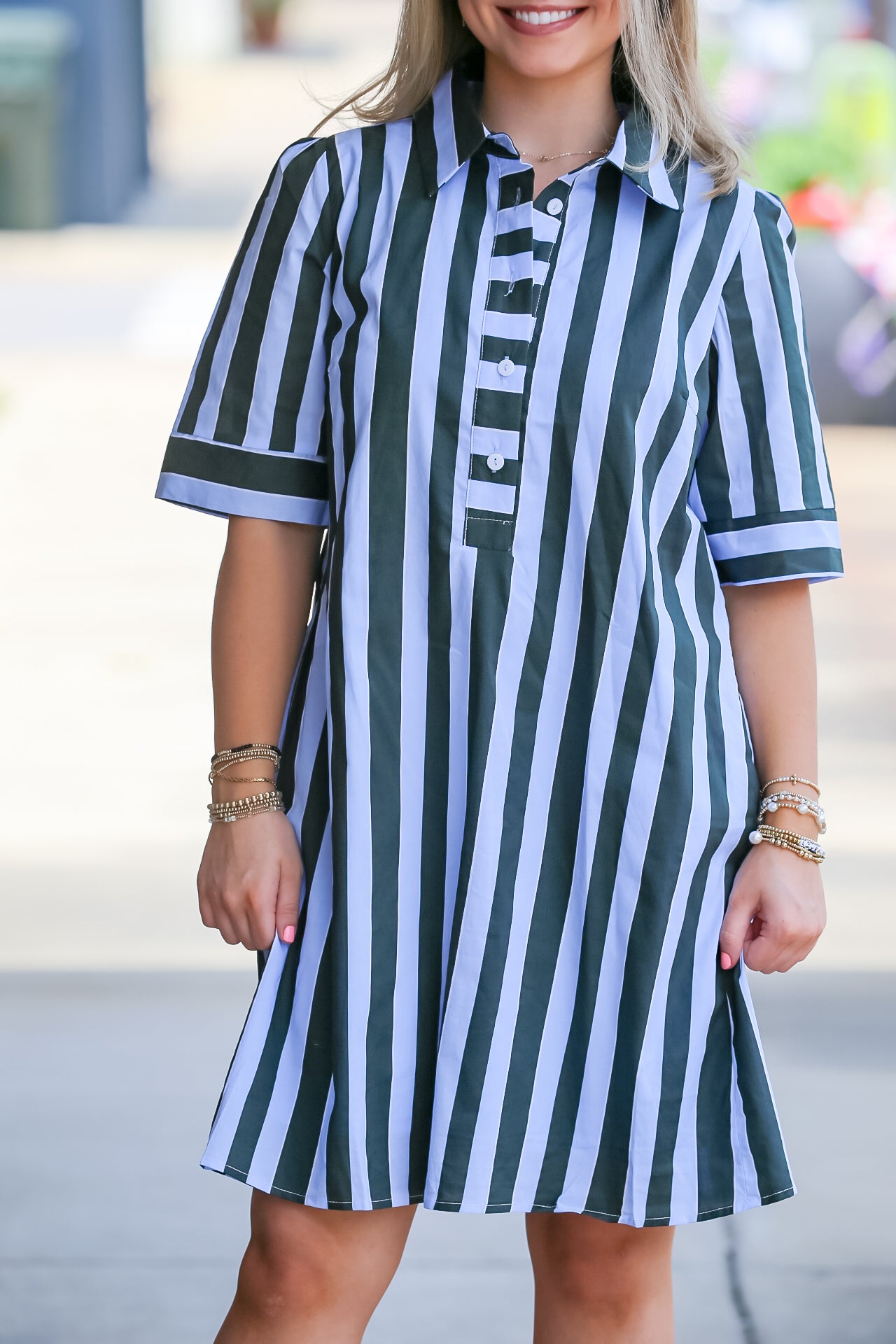 Short Sleeve Striped Mini Dress in Sea Green/Light Blue