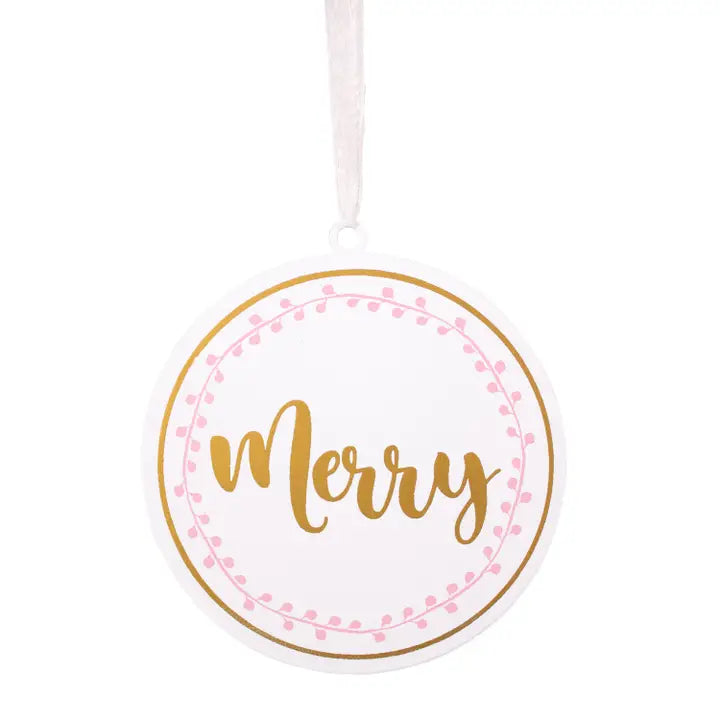 Merry Script Galvanized Ornament Pink/Gold 4"