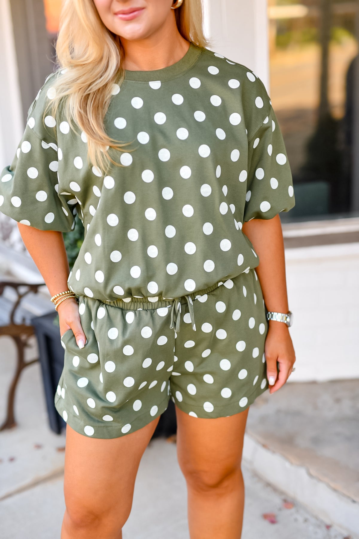 Bubble Sleeve Polka Dot Top in Olive