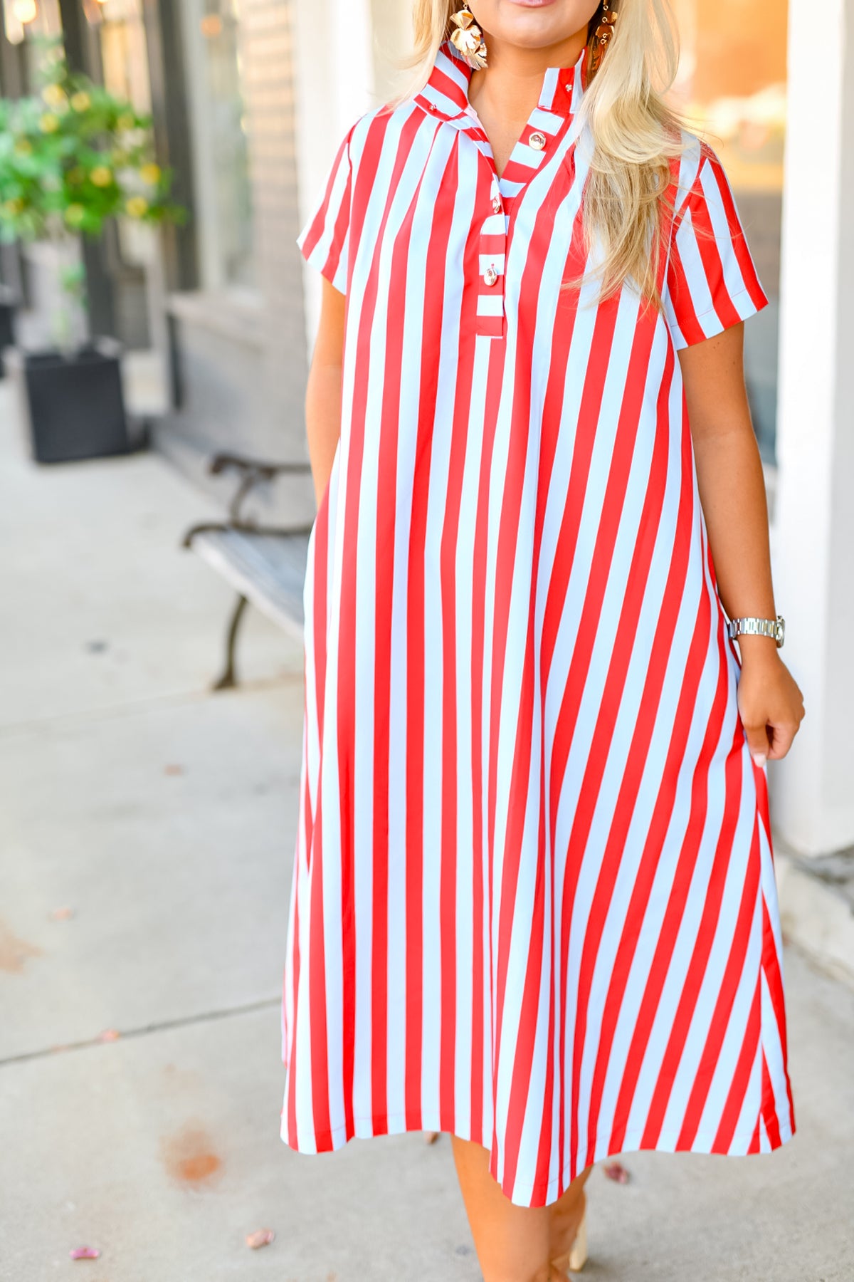 High Neck Stripe Midi Dress in Red
