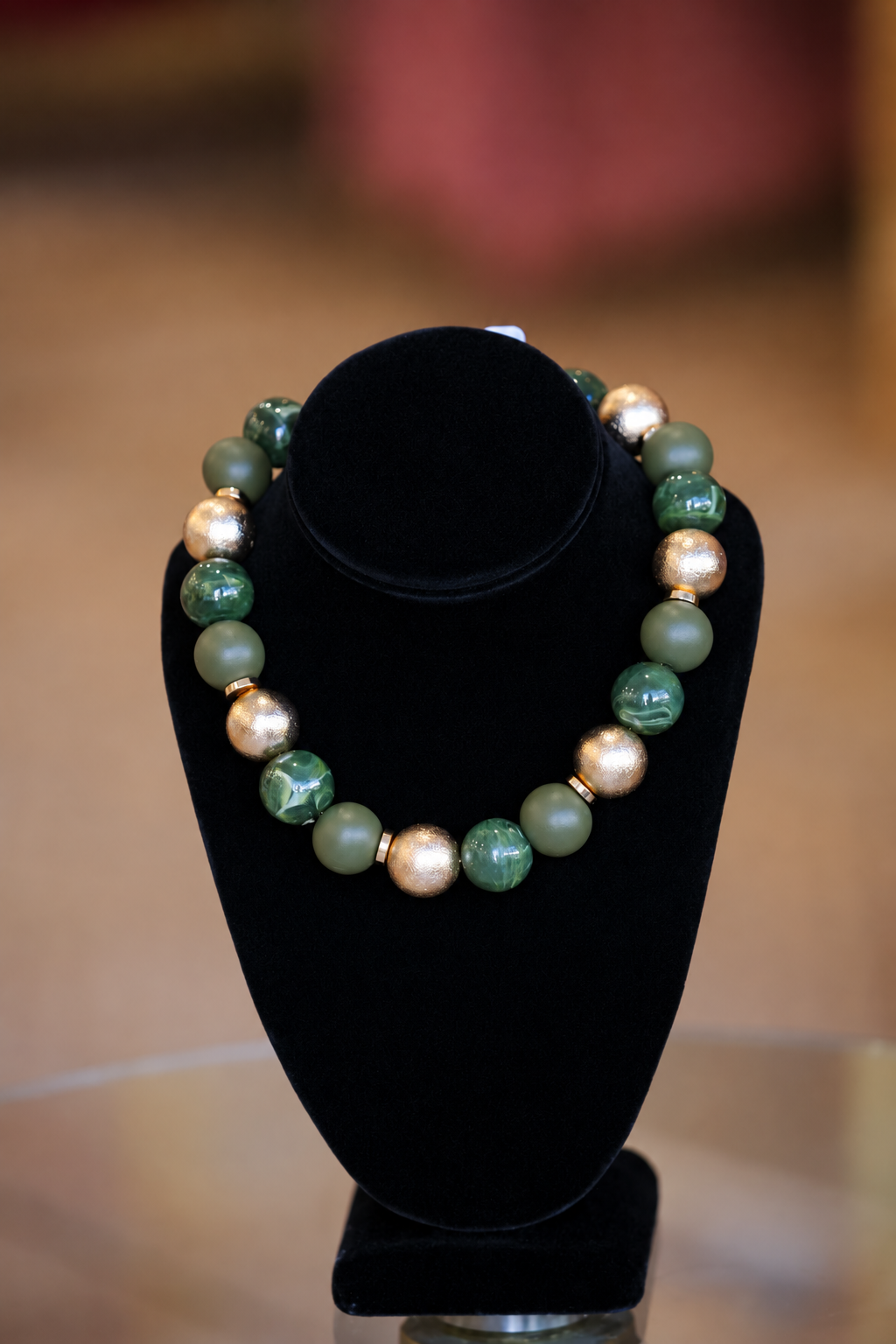 Wood & Acrylic Ball Bead Necklace-Green/Gold