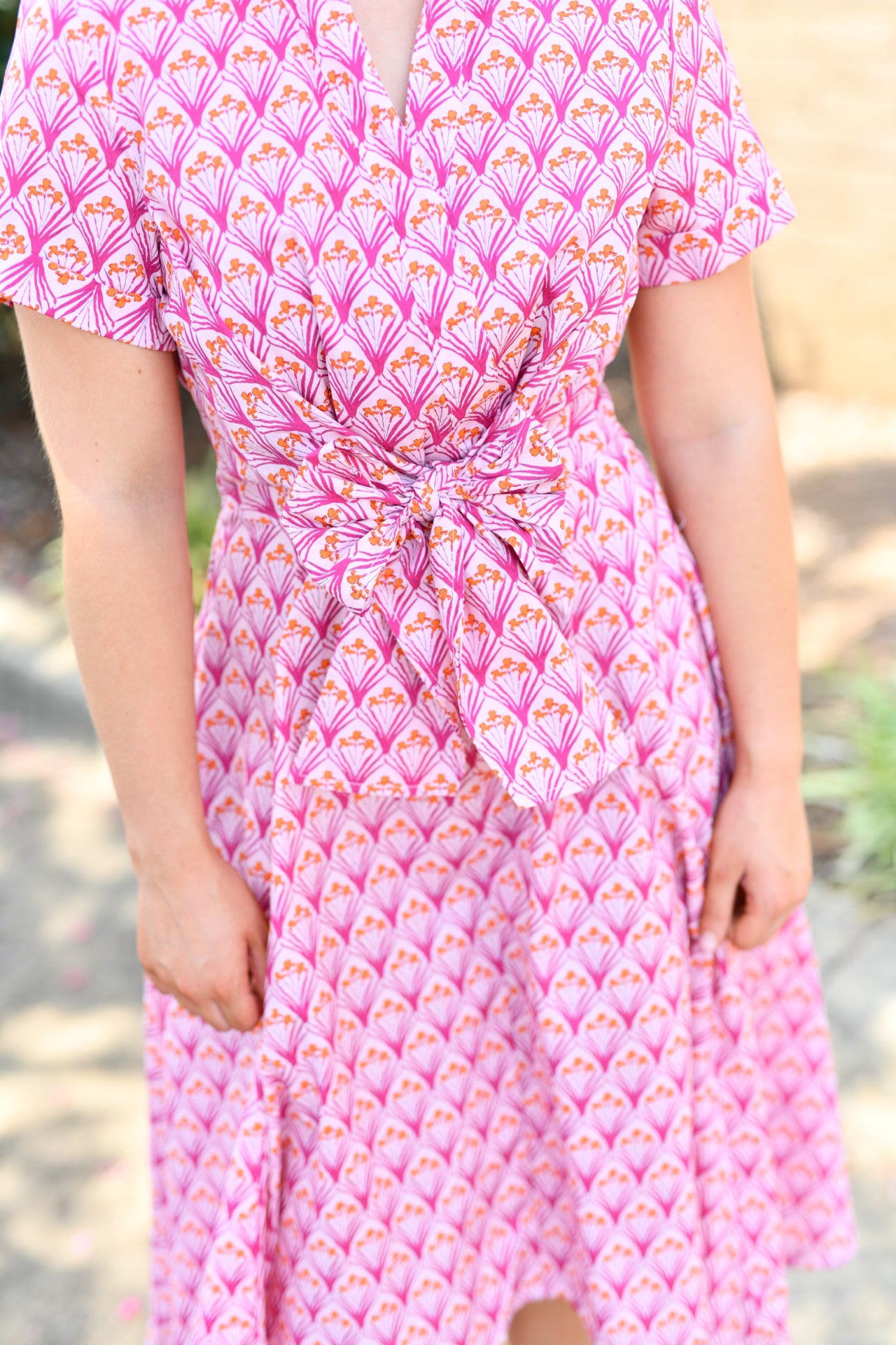Flower Print Front Twist-Tie Dress-Pink