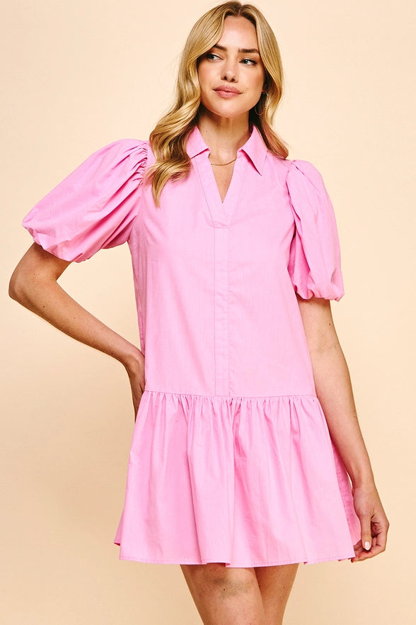 Collared Tiered Mini Dress - Pink