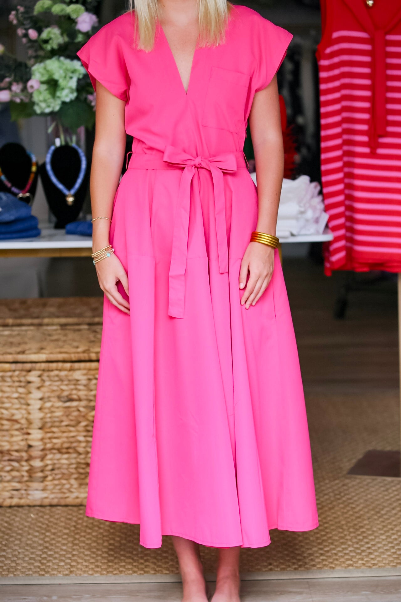 V-Neck Drop Shoulder Romantic Midi Dress in Fuchsia