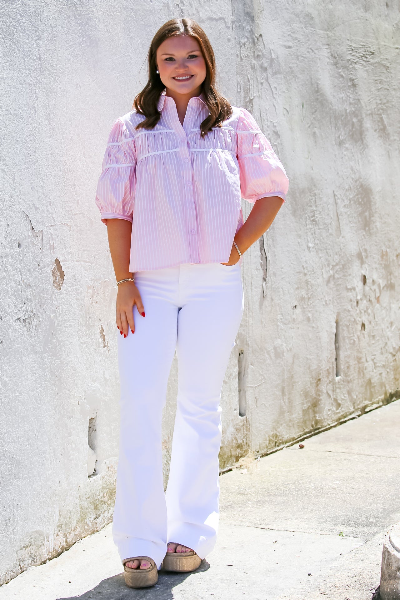 Puff Sleeve Detail Stripe Top in Pink