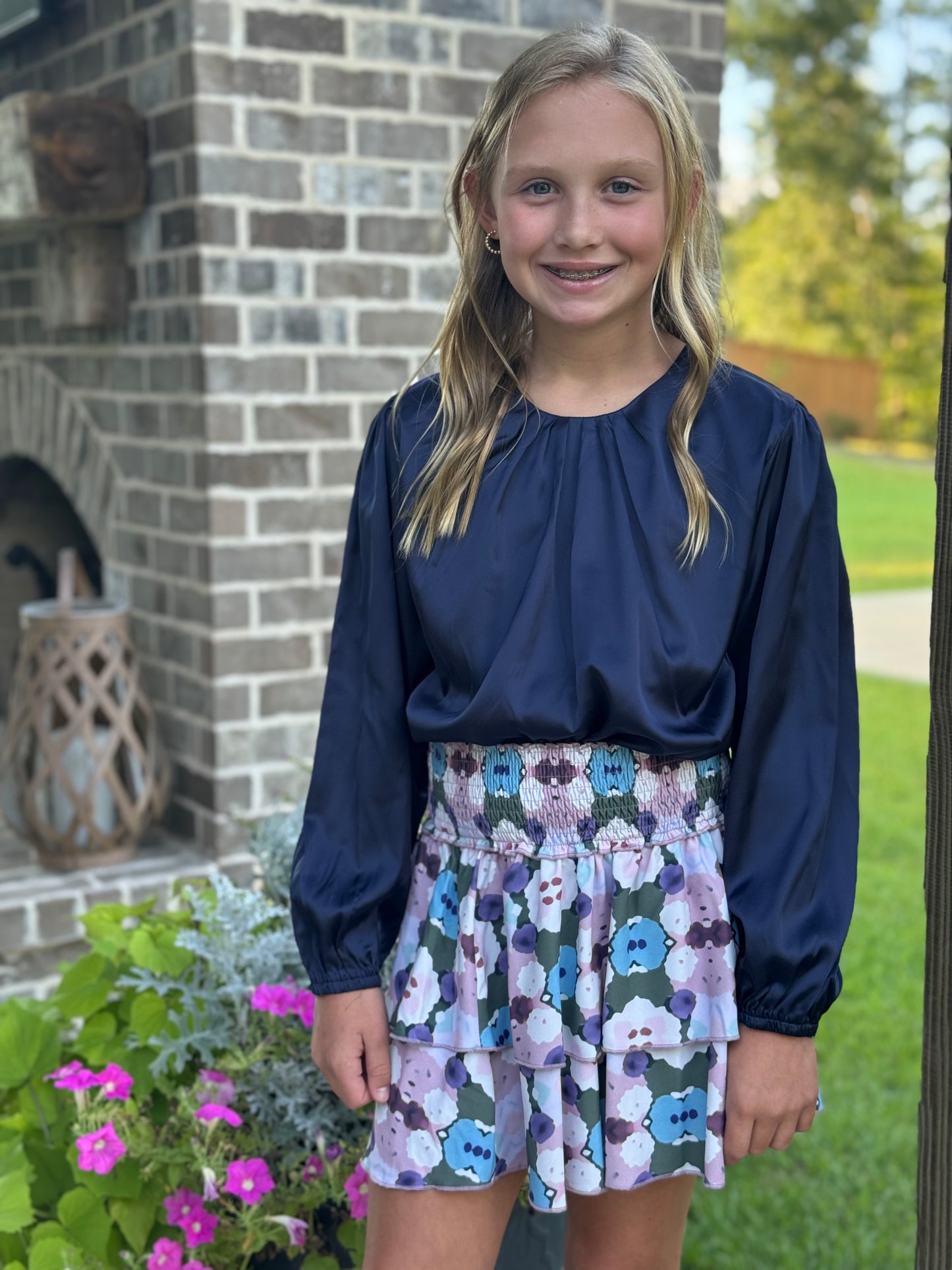 The Wren Navy Satin Top