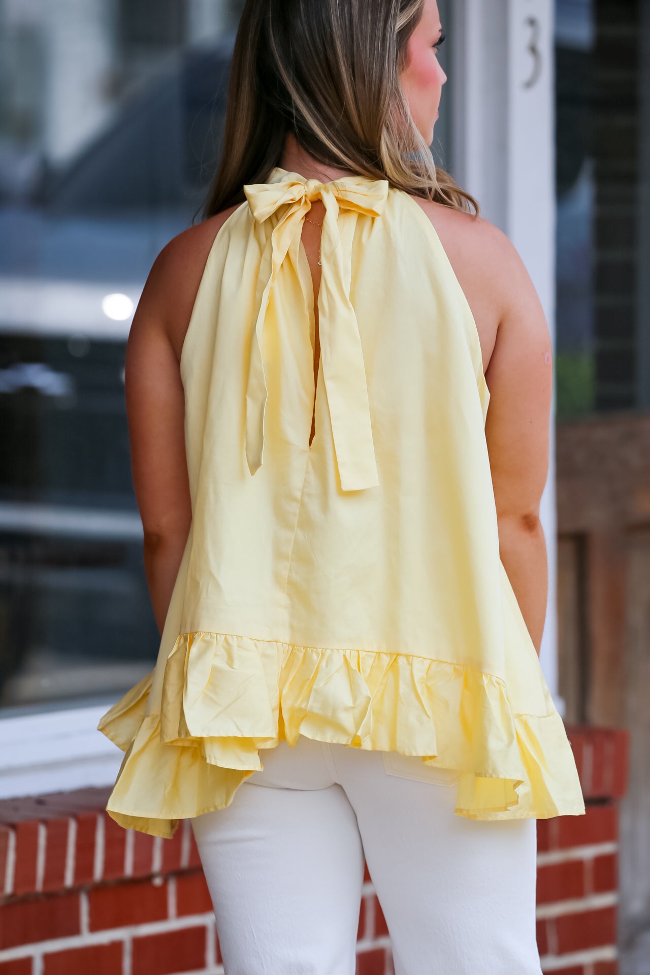 Halter Ruffle Tiered High-Neck Top-Butter Yellow