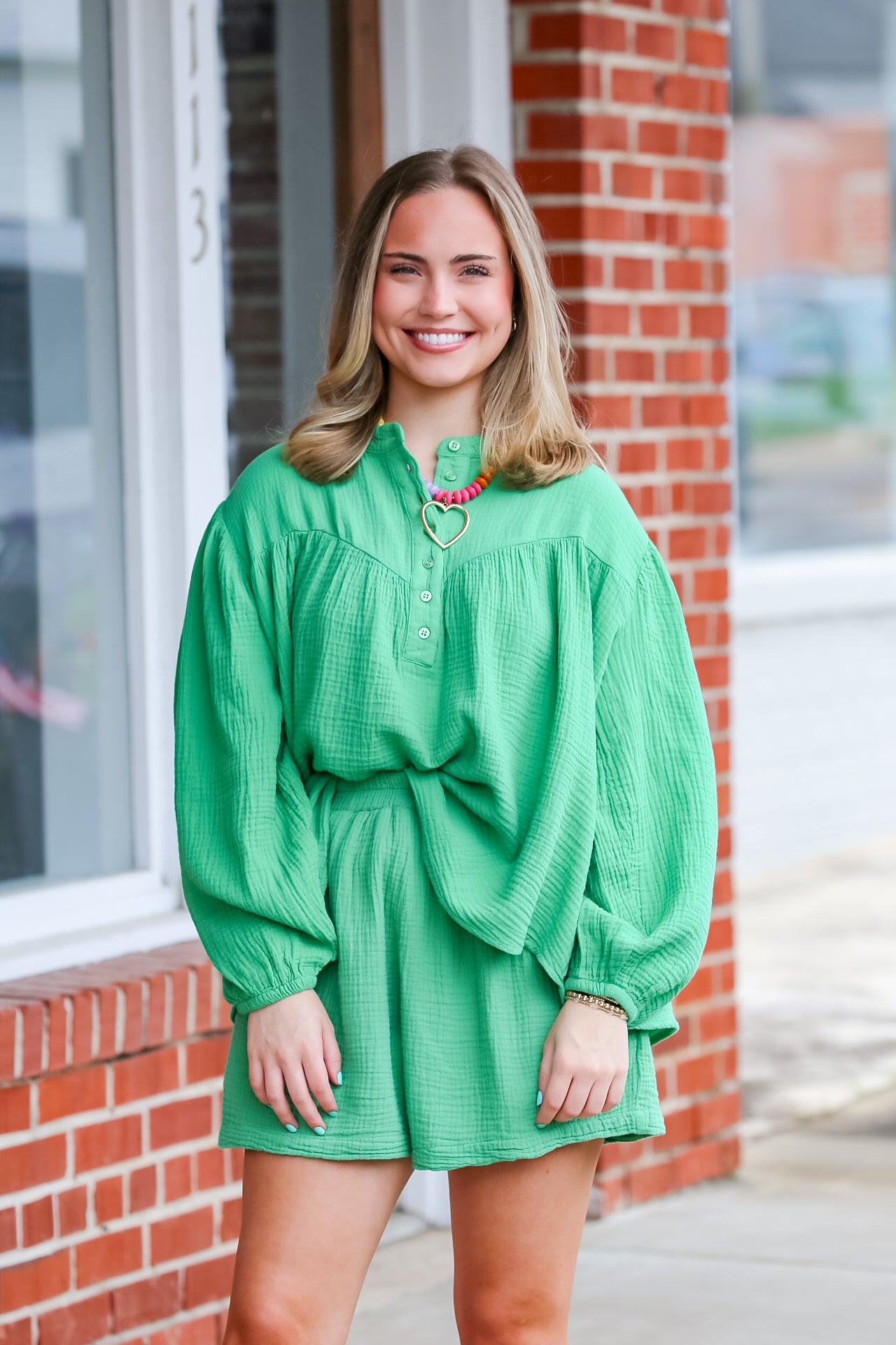 Garment Dyed Cotton Gauze Button Down Set in Green