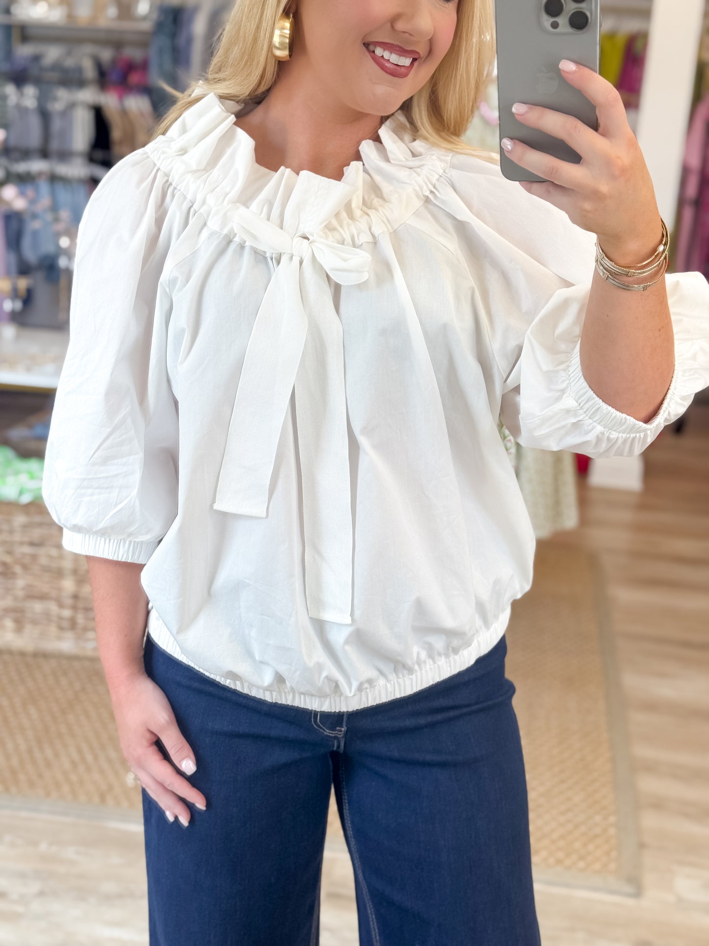 Drop Shoulder Drawstring Top in White